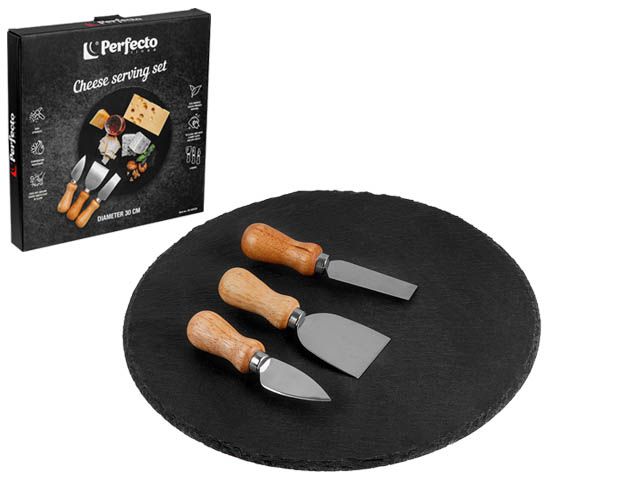 Cheese serving set (slate dish d 30cm + 3 knives), PERFECTO LINEA