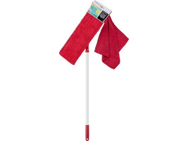 Microfiber flat mop, burgundy + microfiber cloth 30x30 cm, PERFECTO LINEA