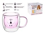 Double wall glass mug, 250 ml, pink, Bear series, PERFECTO LINEA