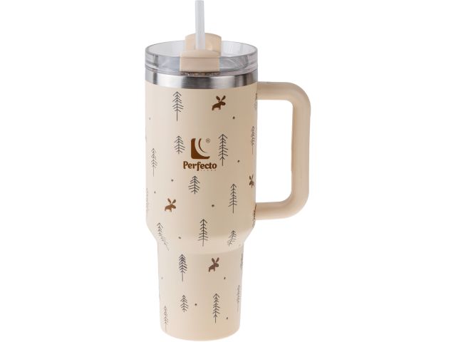 Thermo mug with straw, 1180 ml, stainless steel, Forest Friends, Styley series, PERFECTO LINEA