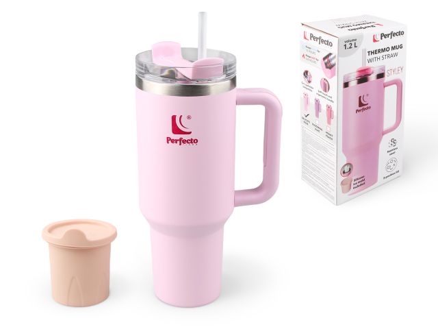 Thermo mug with straw, 1180 ml, stainless steel, delicate rose, Styley series, PERFECTO LINEA
