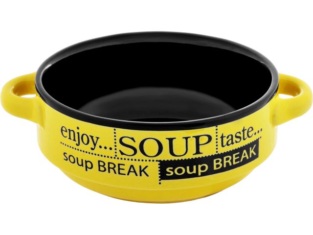 Ceramic soup bowl, 140 mm, round, Gaspacho series, black and yellow, PERFECTO LINEA