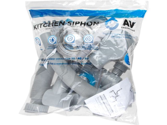 Image 7 Kitchen siphon with double overflow and dual 3 1/2" outlets, 1 1/2" - 32/40/50mm flexible pipe, AV Engineering