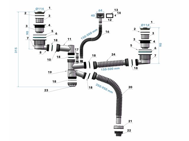 Image 8 Kitchen siphon with double overflow and dual 3 1/2" outlets, 1 1/2" - 32/40/50mm flexible pipe, AV Engineering