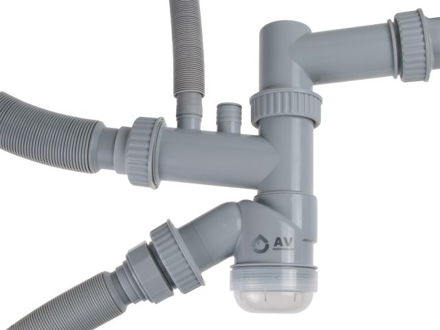 Image 2 Kitchen siphon with double overflow and dual 3 1/2" outlets, 1 1/2" - 32/40/50mm flexible pipe, AV Engineering