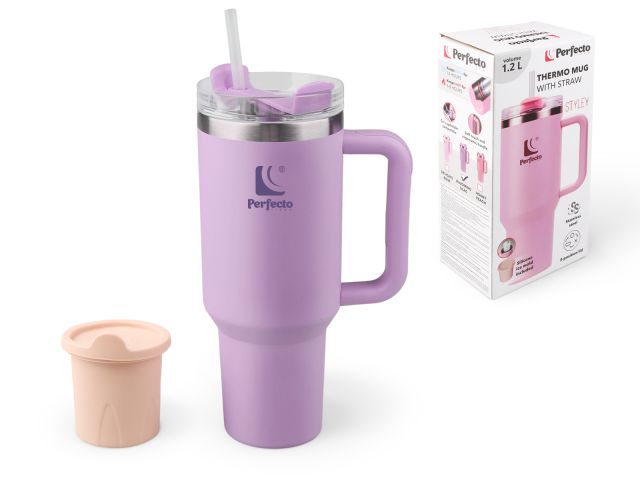 Thermo mug with straw, 1180 ml, stainless steel, blooming lilac, Styley series, PERFECTO LINEA