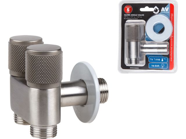 Globe angle valve 1/2&quot; m. x 1/2&quot; m. x 1/2&quot; m. for washing machine CHROME, AV Engineering