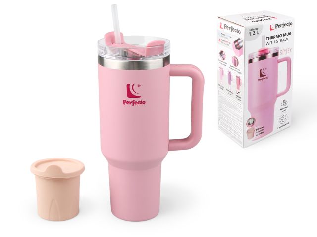 Thermo mug with straw, 1180 ml, stainless steel, honey peach, Styley series, PERFECTO LINEA